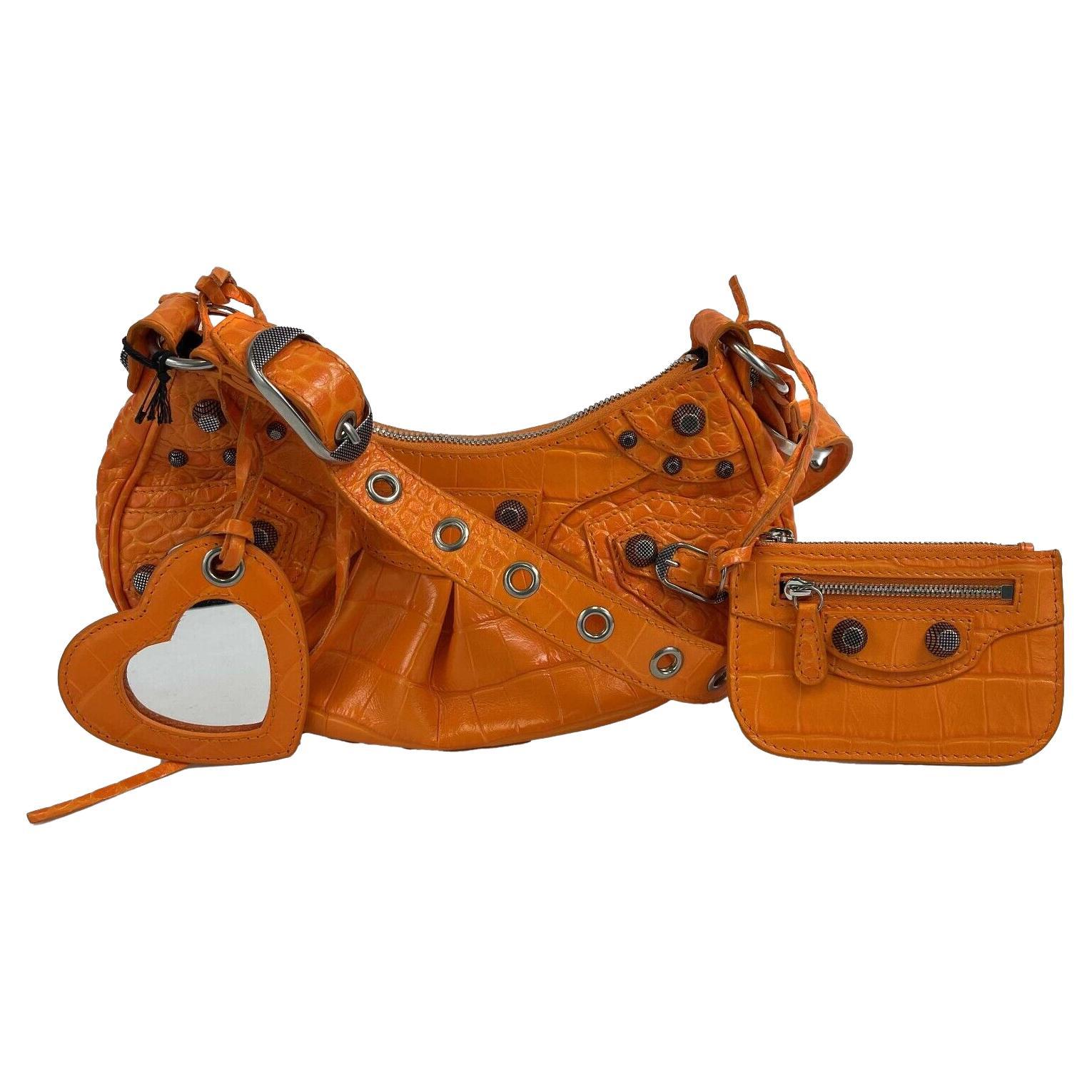 	Balenciaga OrangeLe Cagole XS Shoulder Bag Crocodile Embossed Studded Crossbody For Sale