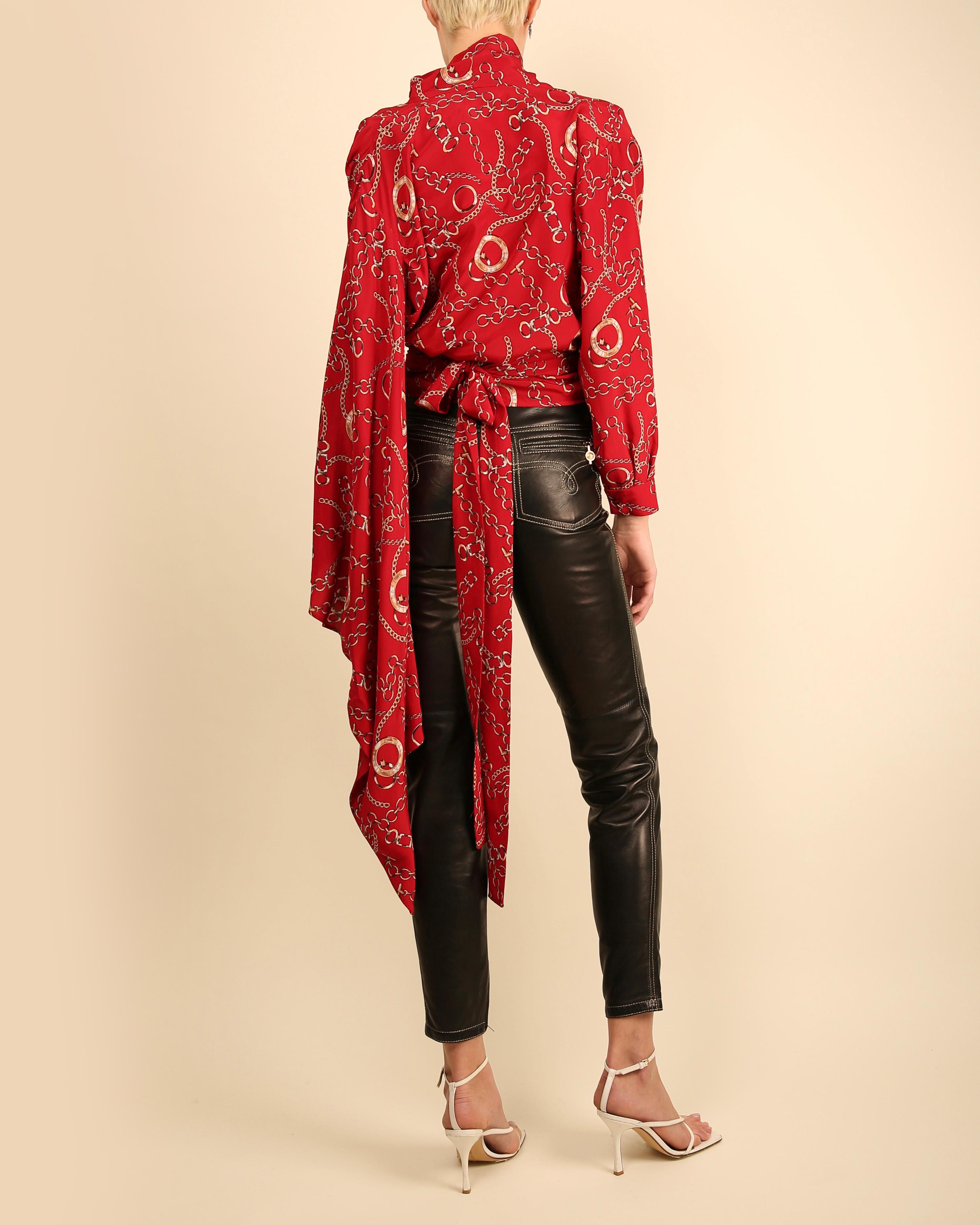 Balenciaga oversized silk red gold chain equestrian print wrap kimono blouse top 3