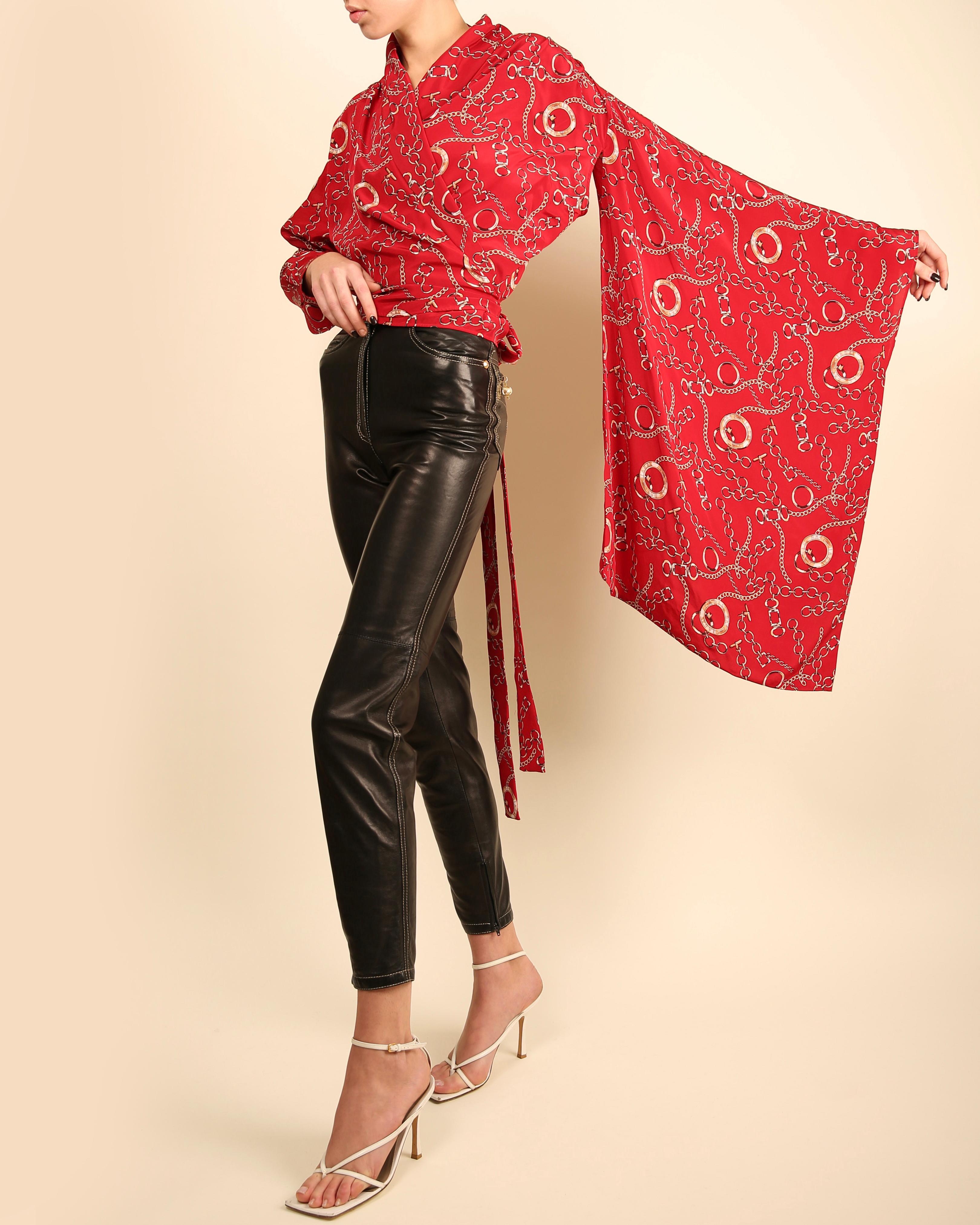 Balenciaga oversized silk red gold chain equestrian print wrap kimono blouse top In Excellent Condition In Paris, FR