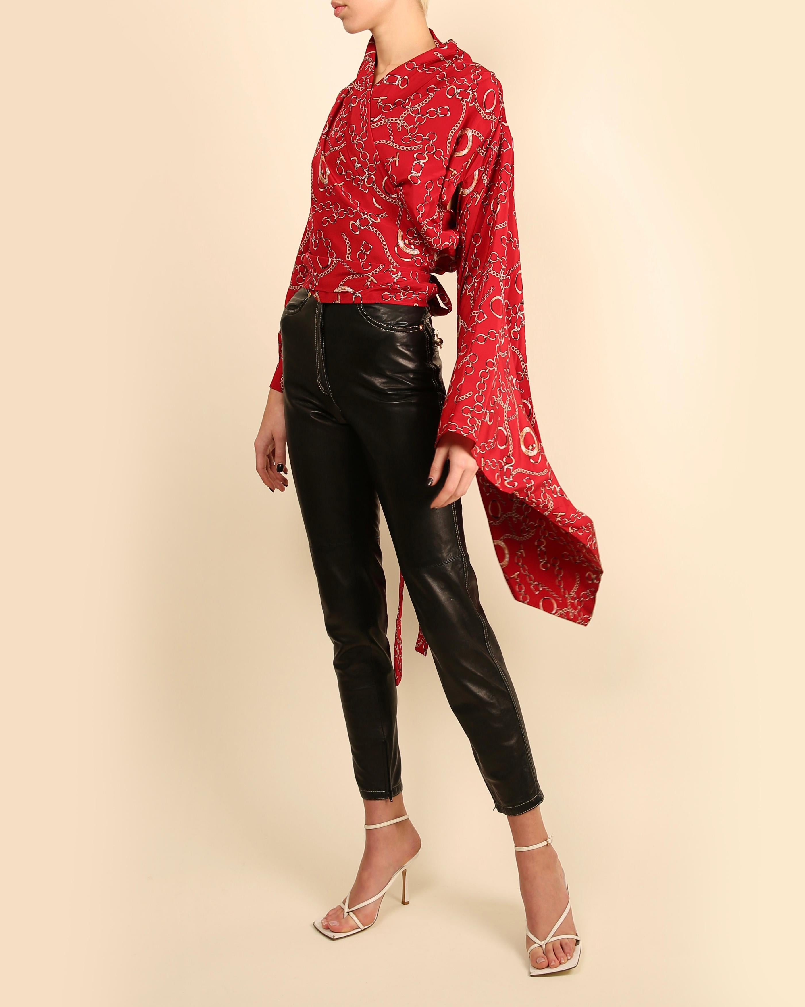 Balenciaga oversized silk red gold chain equestrian print wrap kimono blouse top 1