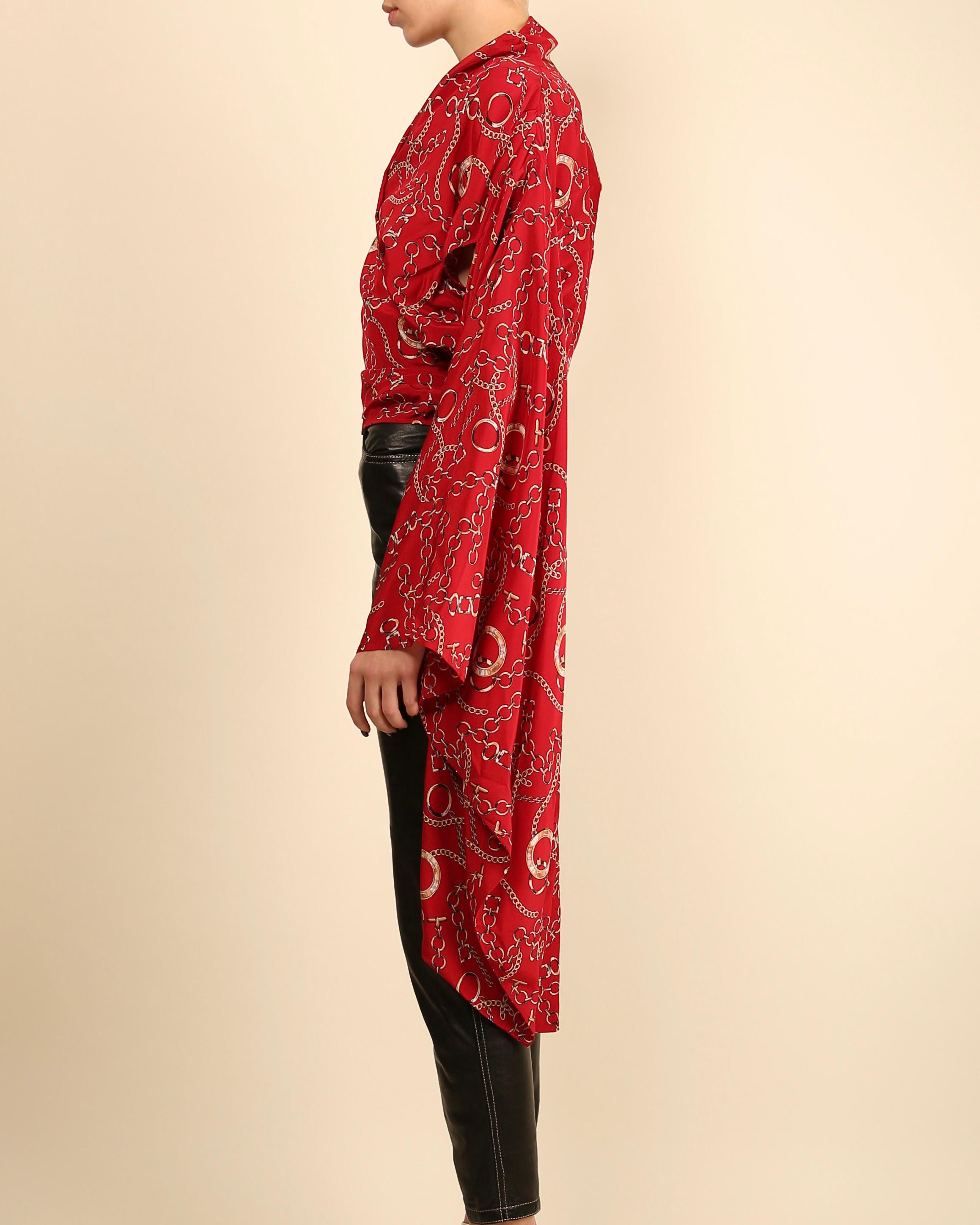 Balenciaga oversized silk red gold chain equestrian print wrap kimono blouse top 2