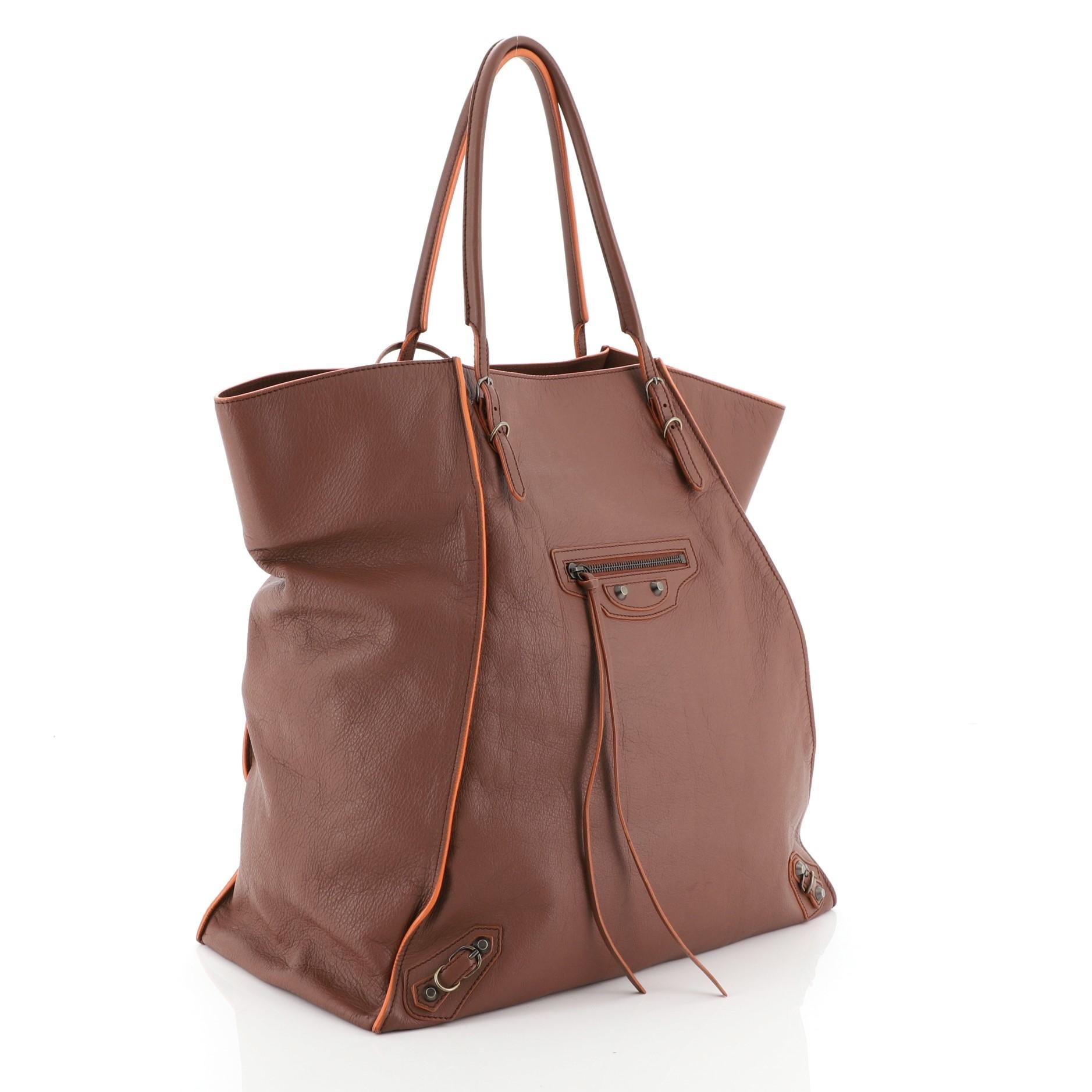 Brown Balenciaga Papier Basket Tote Classic Studs Leather