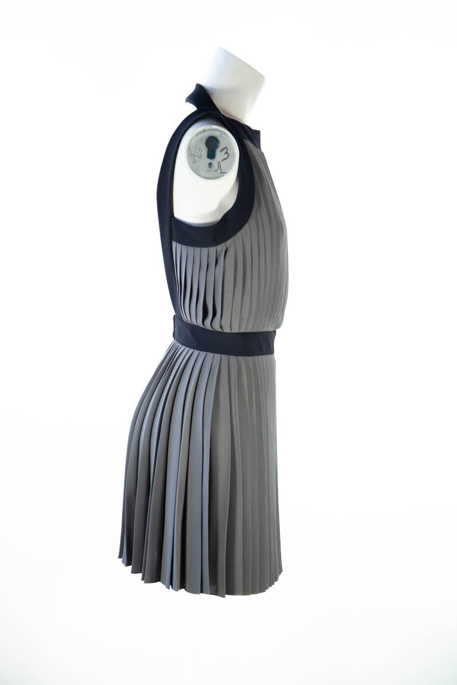 Balenciaga Paris, Pleated Grey and Black Trim, Open-Back Dress, 2000s In Excellent Condition In Kingston, NY