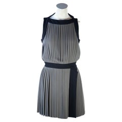 Vintage Balenciaga Paris, Pleated Grey and Black Trim, Open-Back Dress, 2000s
