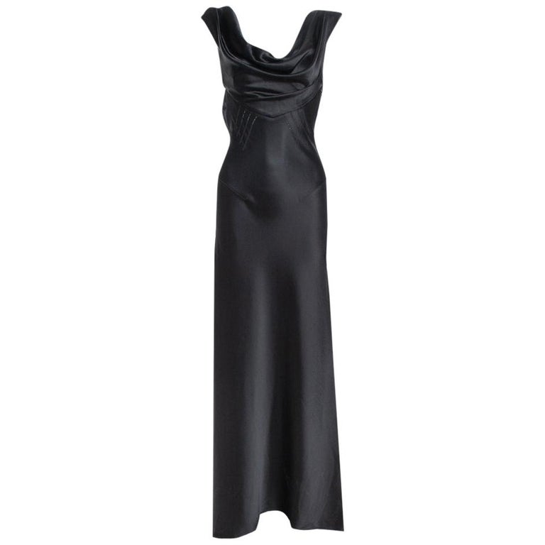 Balenciaga Paris Black Satin Draped Neck Detail Evening Gown M at 1stDibs