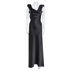 Balenciaga Paris Schwarzer Satin Drapierter Halsausschnitt Abendkleid M