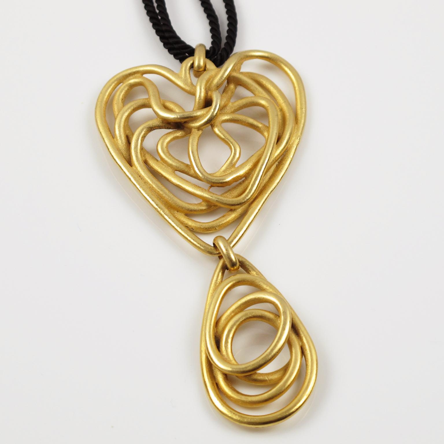 Balenciaga Paris Long Pendant Necklace Gilt Metal Wired Spiral Design In Excellent Condition In Atlanta, GA