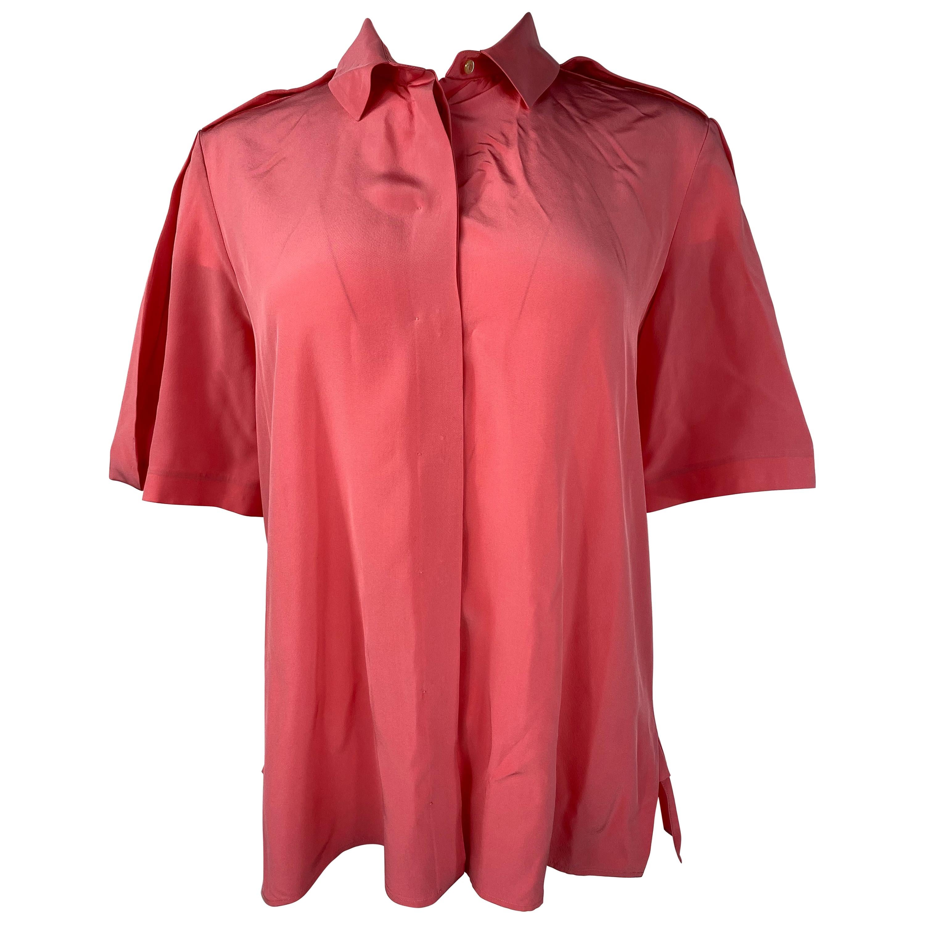 Balenciaga Paris Pink Coral Silk Short Sleeves Blouse Top Size 40