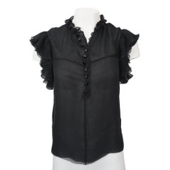 Balenciaga Paris Sheer Black Silk Ruffle Buttoned Blouse