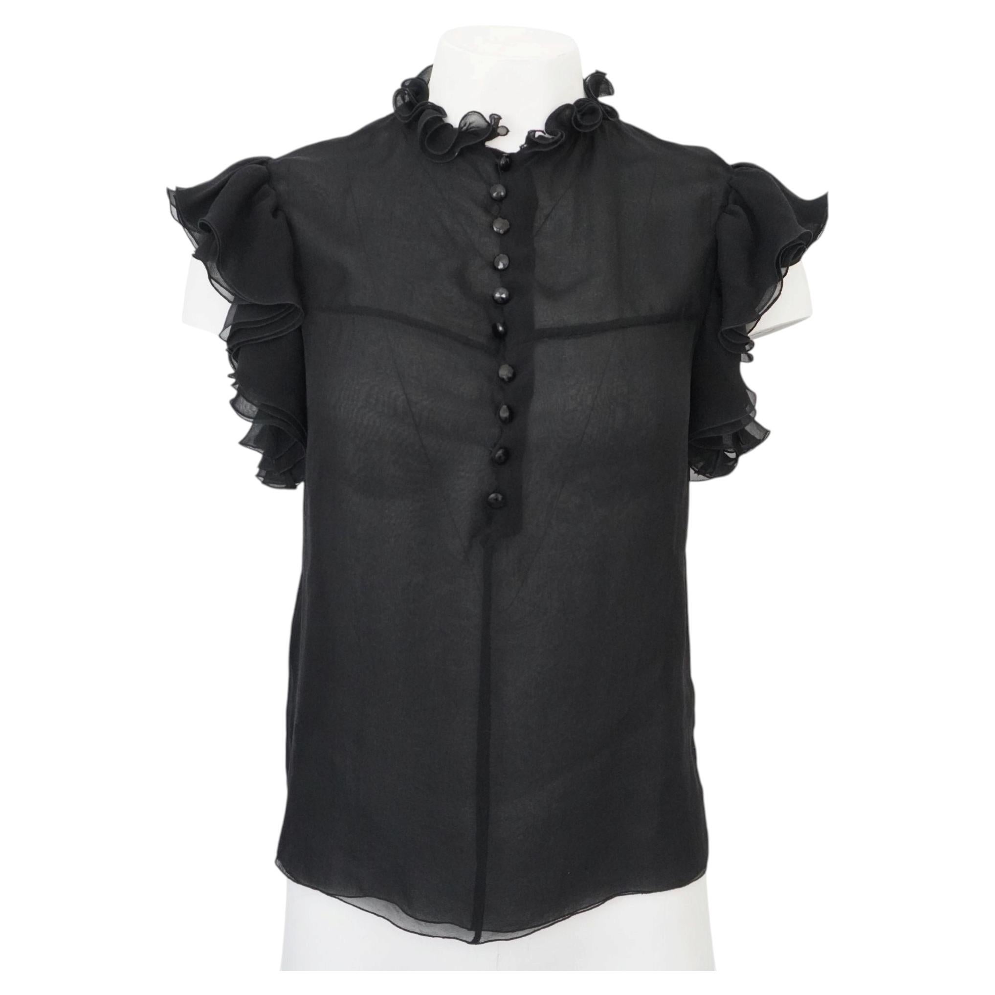Balenciaga Paris Durchsichtige schwarze Seidenbluse mit Rüschen und Knöpfen
