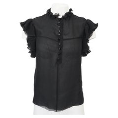 Balenciaga Paris Sheer Black Silk Ruffle Buttoned Blouse