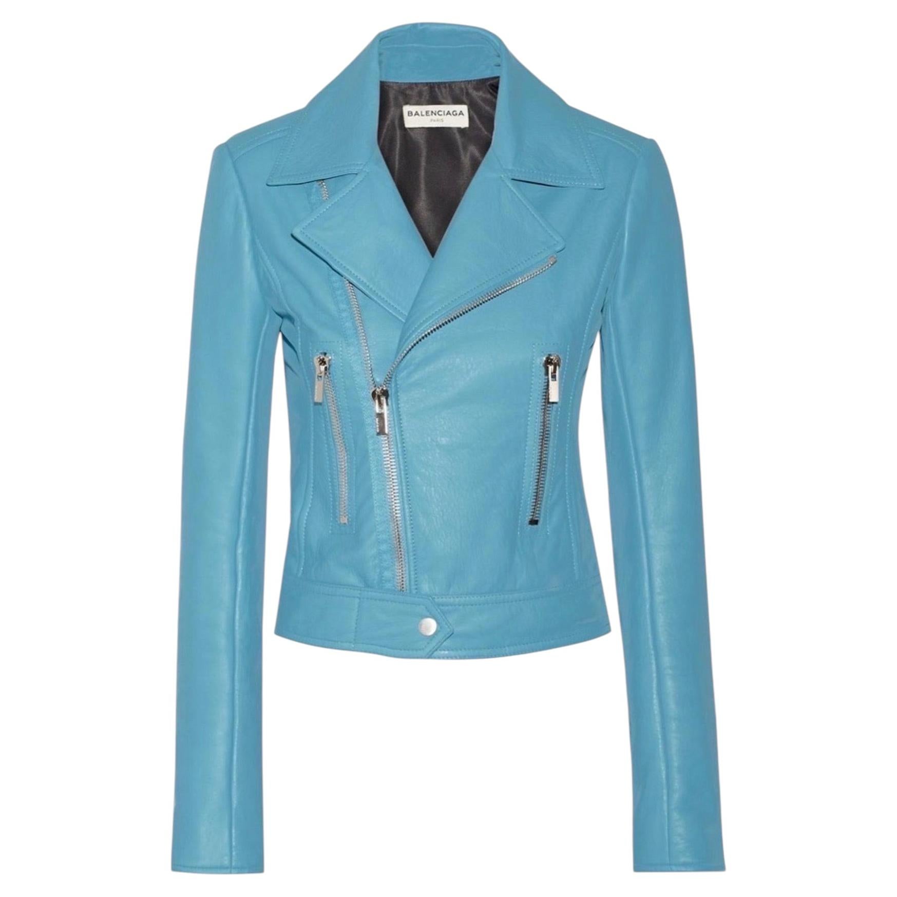 Balenciaga .Paris Turquoise Lambskin Leather Moto Jacket 38 Alexander Wang '15