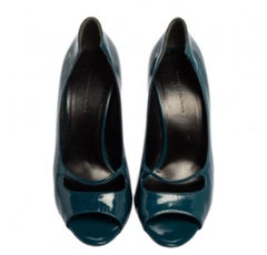 Balenciaga Peacock Blue Patent Leather Peep Toe Pumps Size 39.5