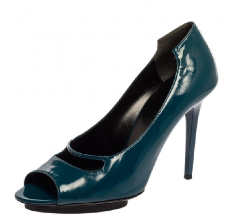 Women's Balenciaga Peacock Blue Patent Leather Peep Toe Pumps Size 39.5 For Sale