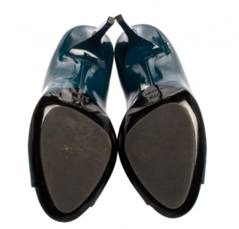 Balenciaga Peacock Blue Patent Leather Peep Toe Pumps Size 39.5 For Sale 2
