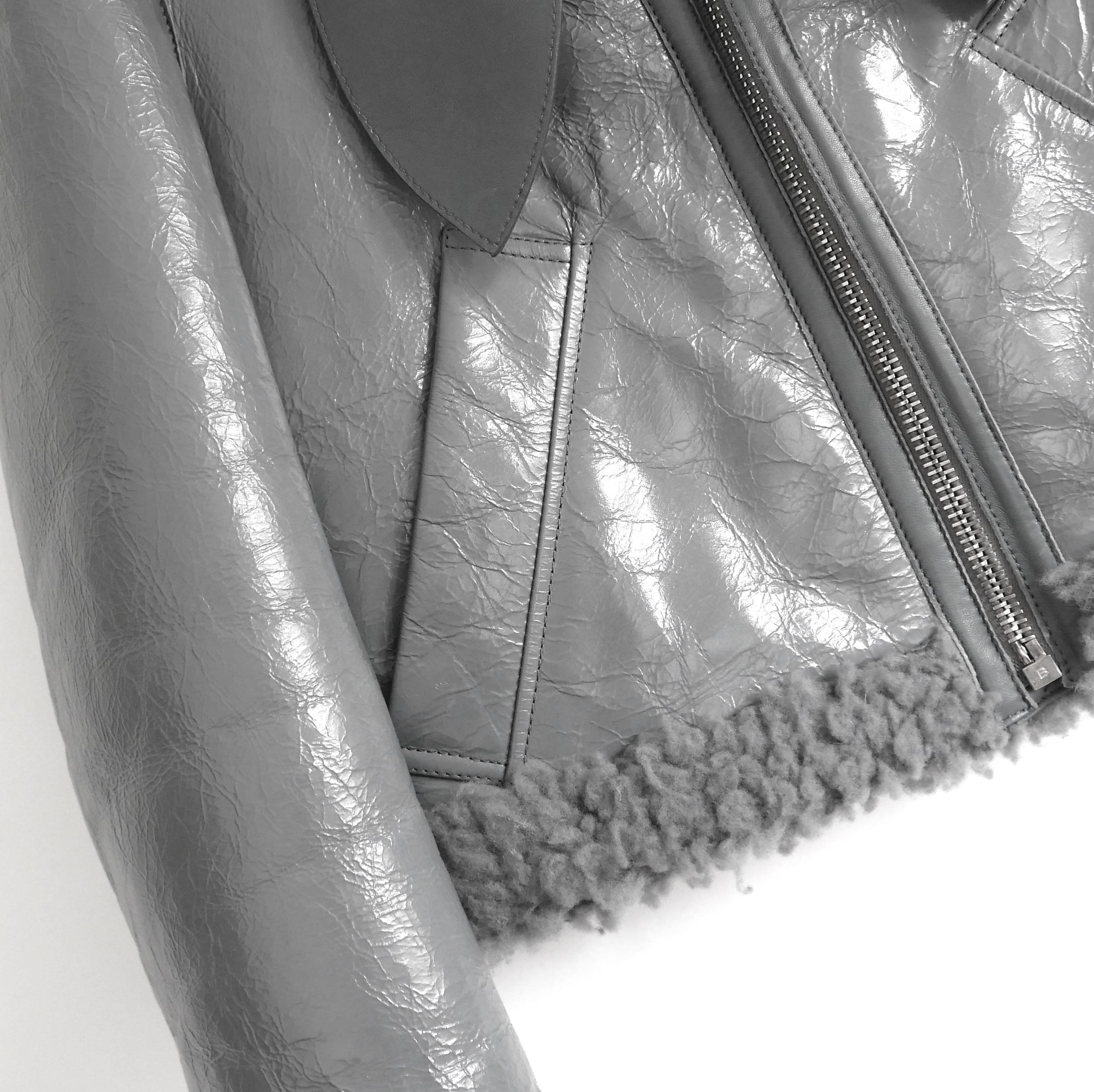 Balenciaga PF17 Grey Patent Leather Shearling Biker Jacket For Sale 1