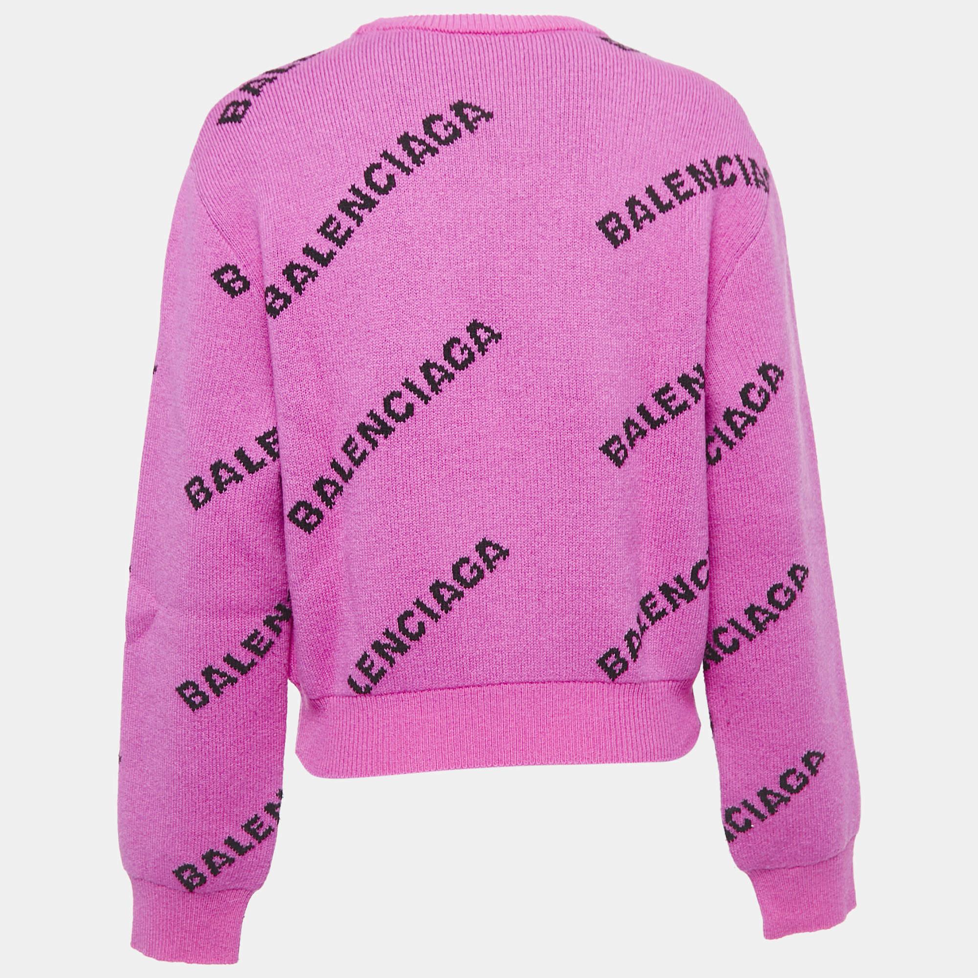 Balenciaga Pink All-Over Logo Wool Jumper S In Excellent Condition In Dubai, Al Qouz 2