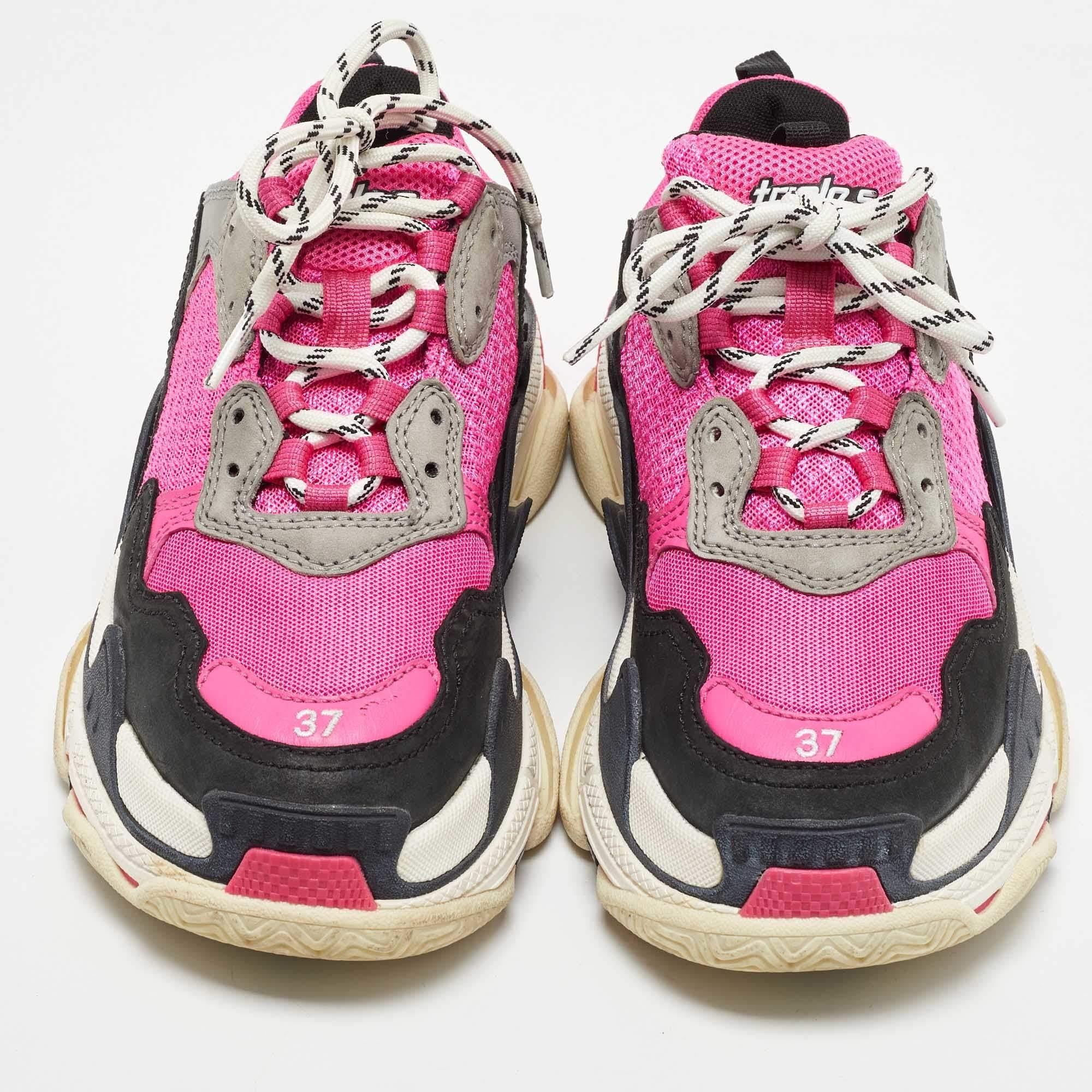 Women's Balenciaga Pink/Black Mesh and Leather Triple S Sneakers Size 37 For Sale