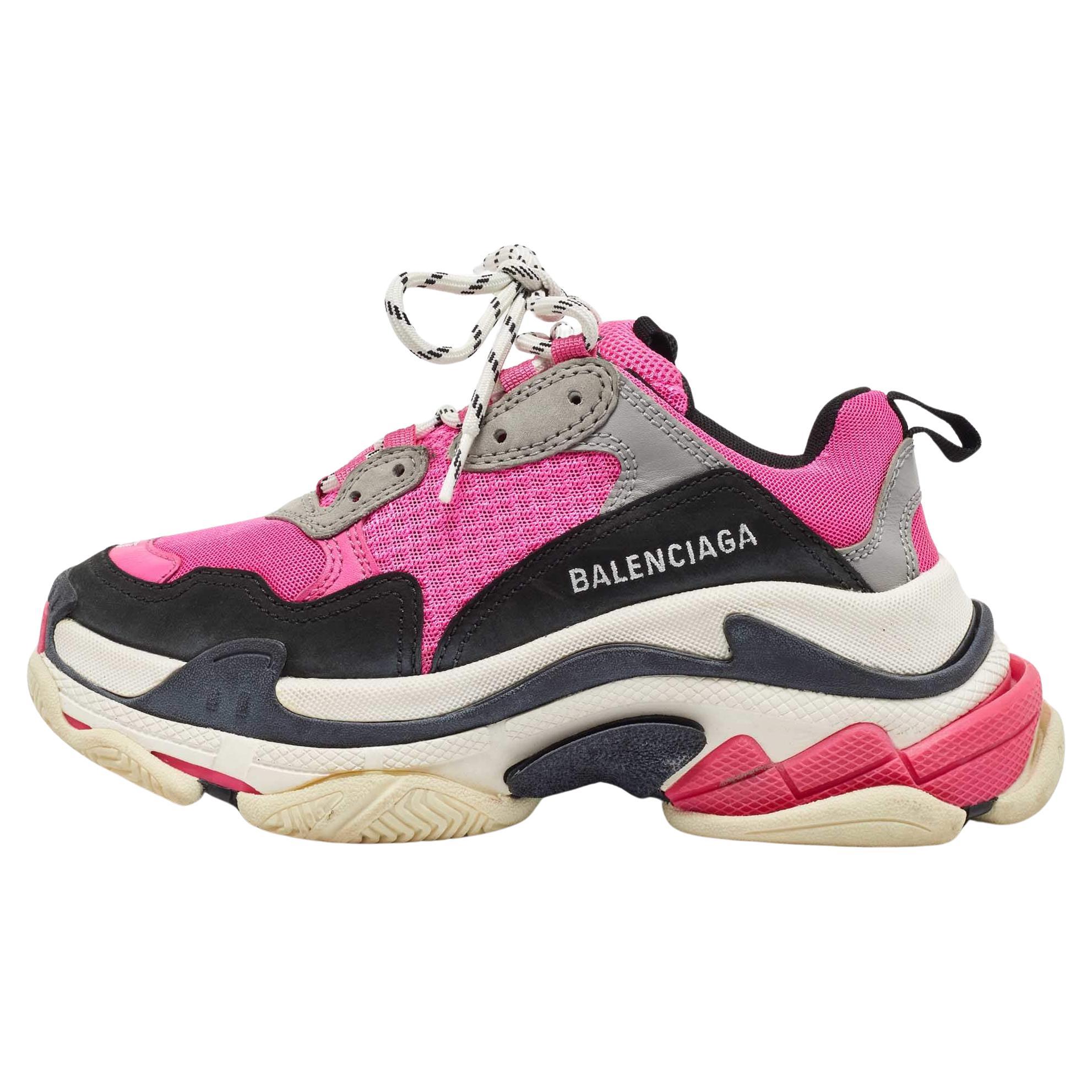 Balenciaga Pink/Black Mesh and Leather Triple S Sneakers Size 37 For Sale