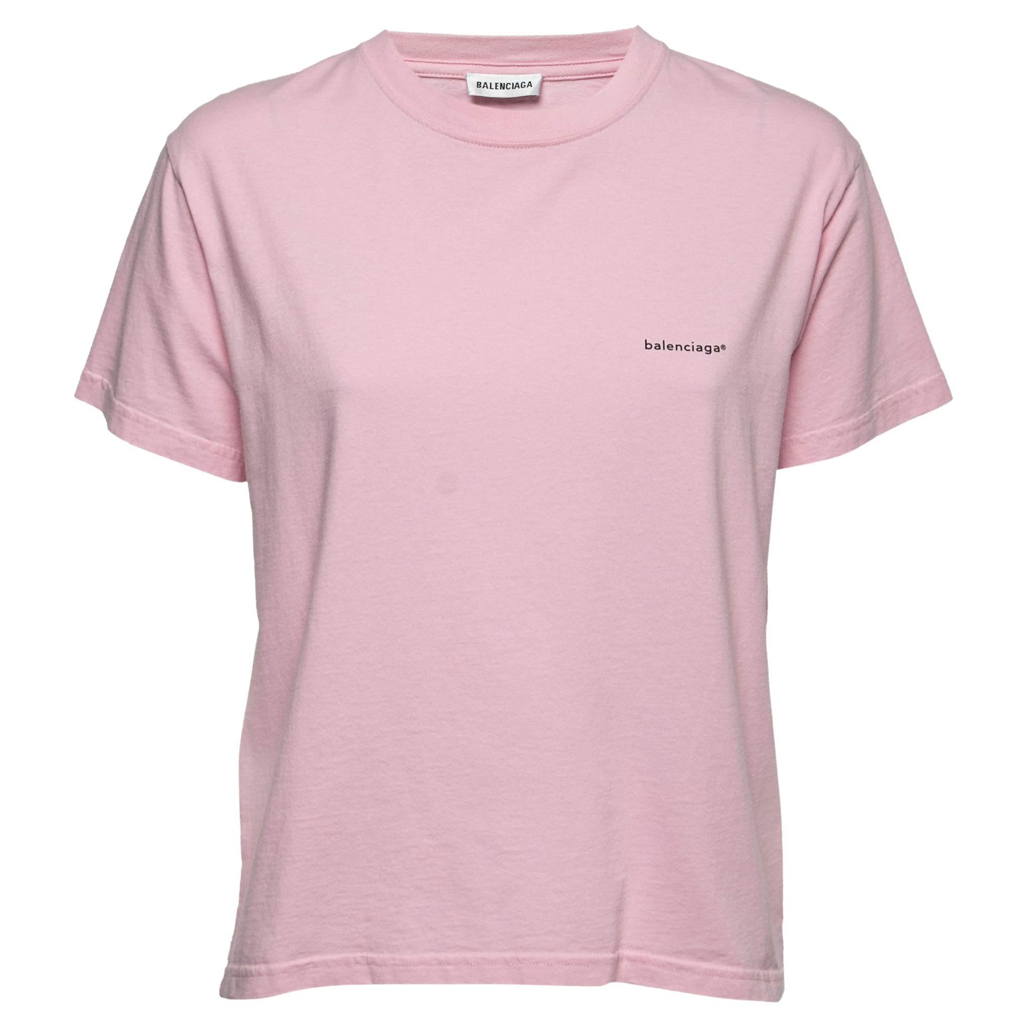 Balenciaga Pink Cotton Logo T-Shirt L For Sale