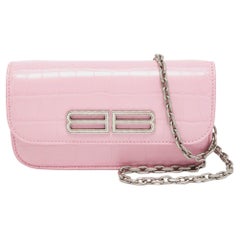 Balenciaga Pink Croc Embossed Leather Gossip Wallet On Chain