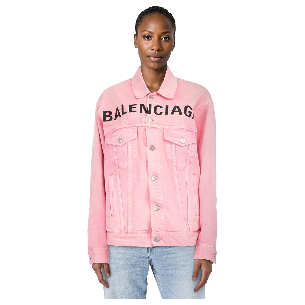 Balenciaga Pink Denim Logo Oversized Jacket Size XS For Sale