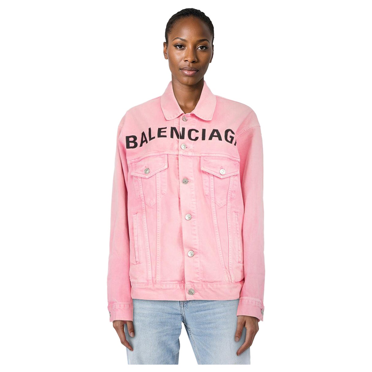Balenciaga Rosa Denim Logo Oversized Jacke Größe XS im Angebot