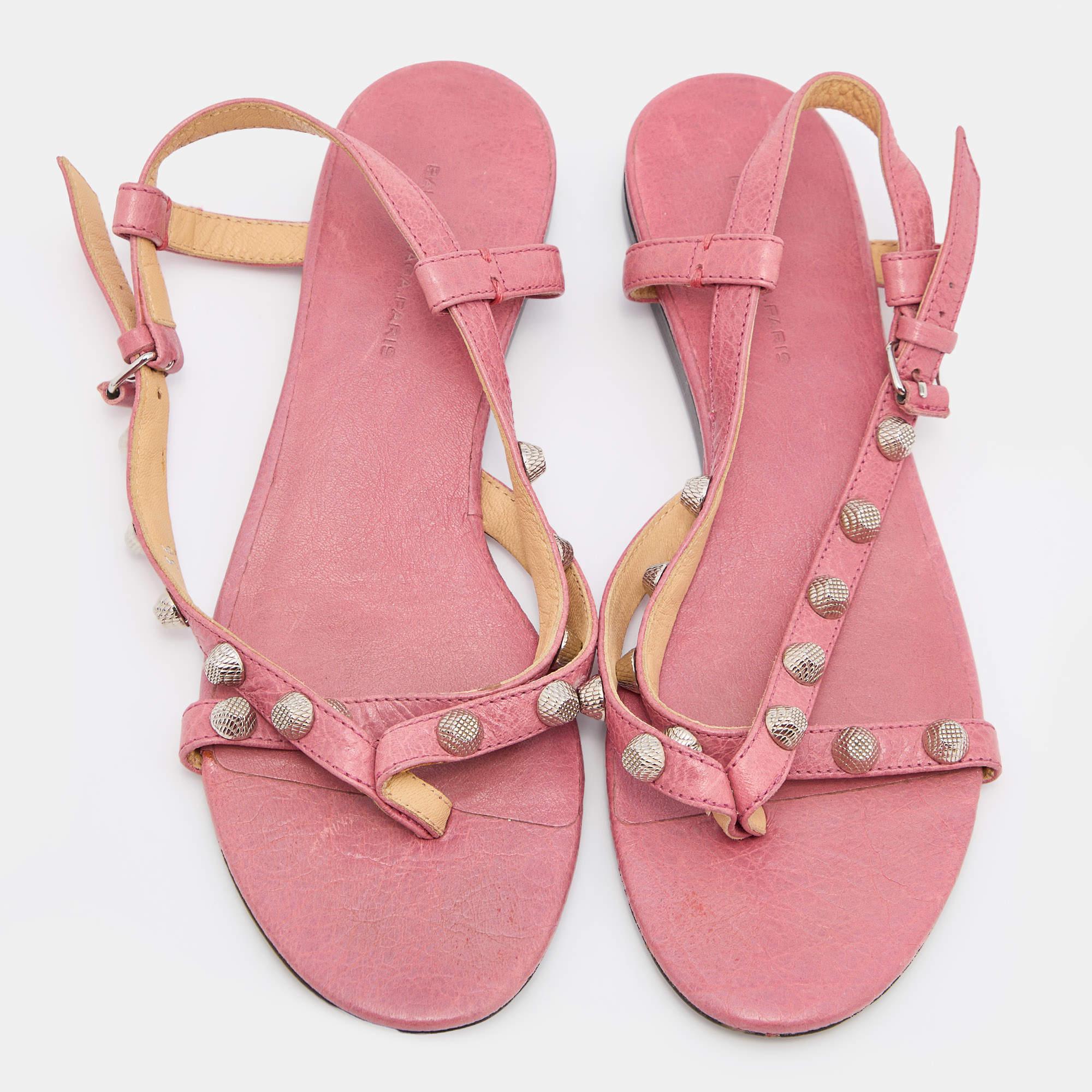 Brown Balenciaga Pink Leather Arena Flat Sandals Size 36 For Sale