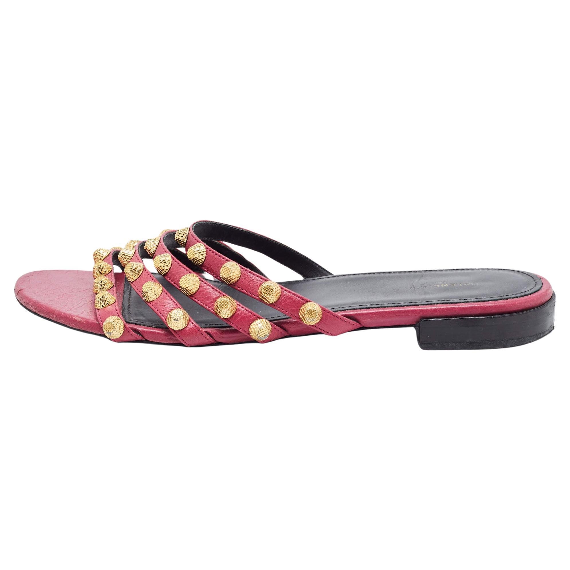 Balenciaga Pink Leather Arena Flat Slides Size 38.5 For Sale