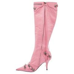 Used Balenciaga Pink Leather Le Cagole Knee Length Boots Size 38