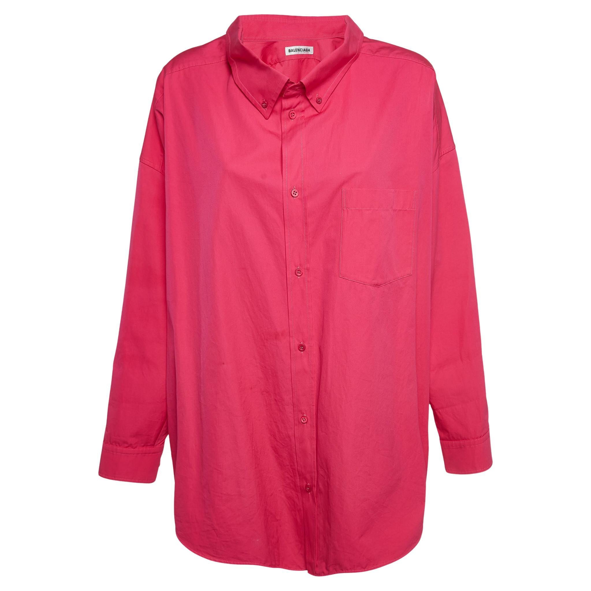 Balenciaga Pink Logo Print Cotton Oversized Shirt S For Sale