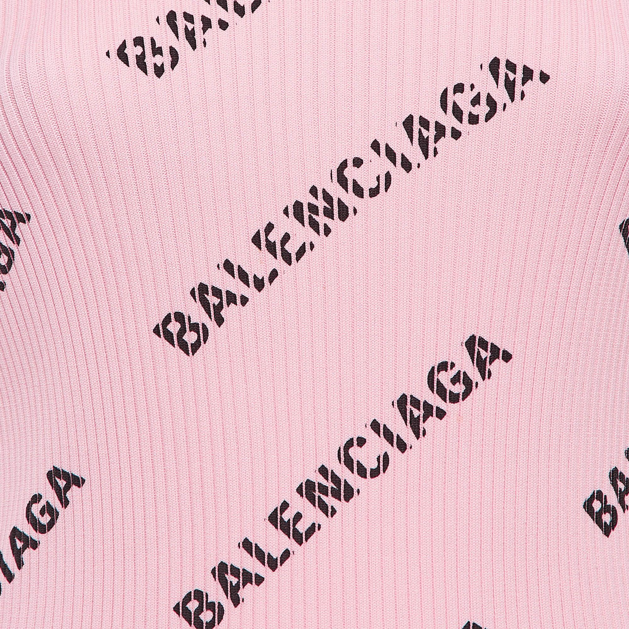 Rose Balenciaga - Robe moulante en tricot côtelé imprimé logo rose M en vente