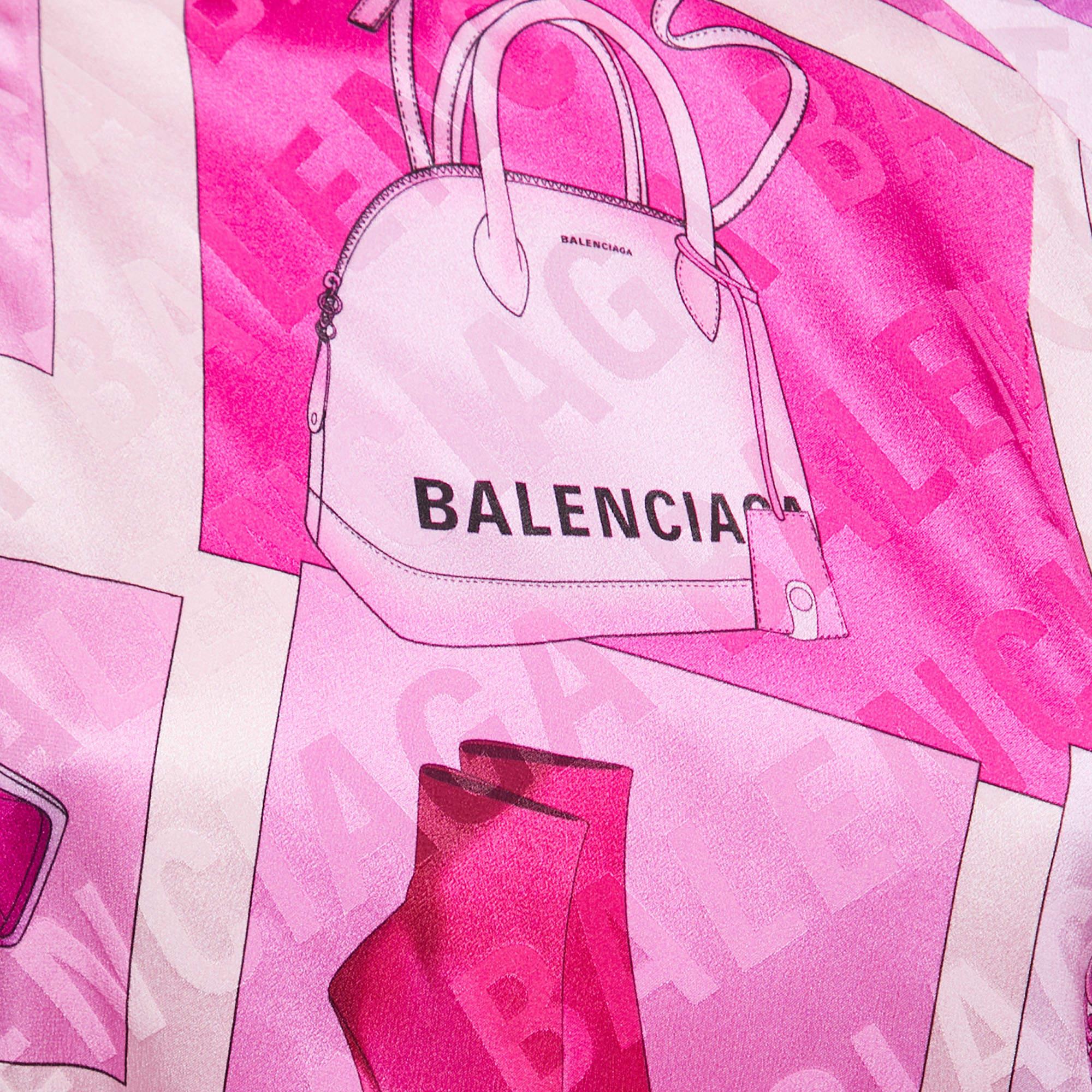 Women's Balenciaga Pink Printed Silk Twisted Asymmetrical Pleated Midi Dress M