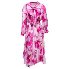 Balenciaga Pink Printed Silk Twisted Asymmetrical Pleated Midi Dress M