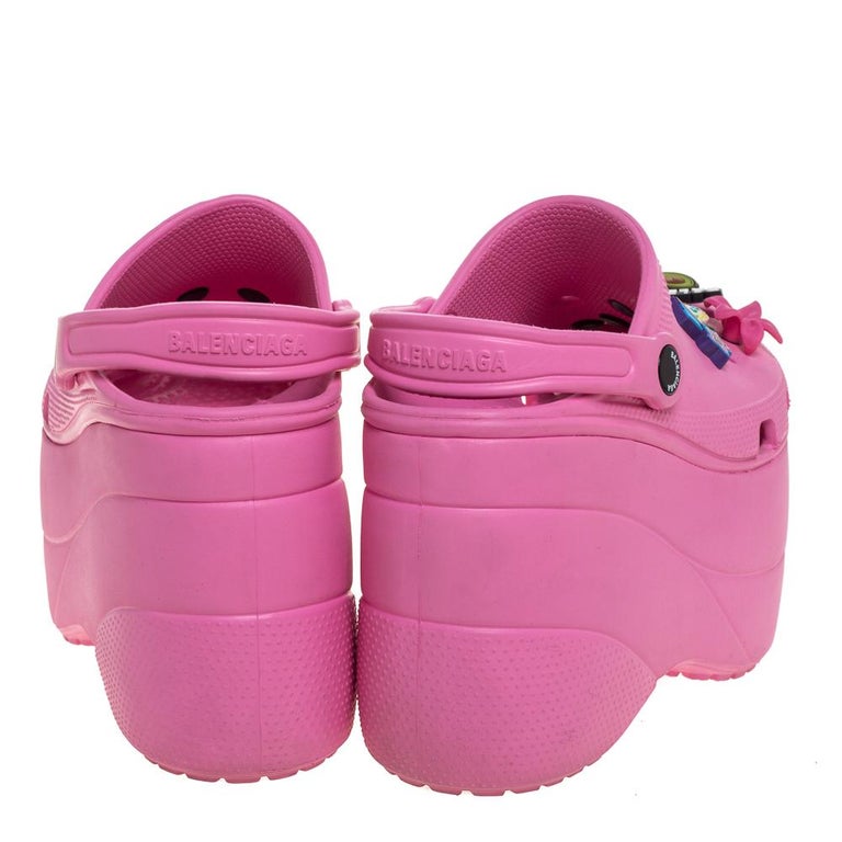 Balenciaga Pink Rubber Crocs Embellished Platform Slingback