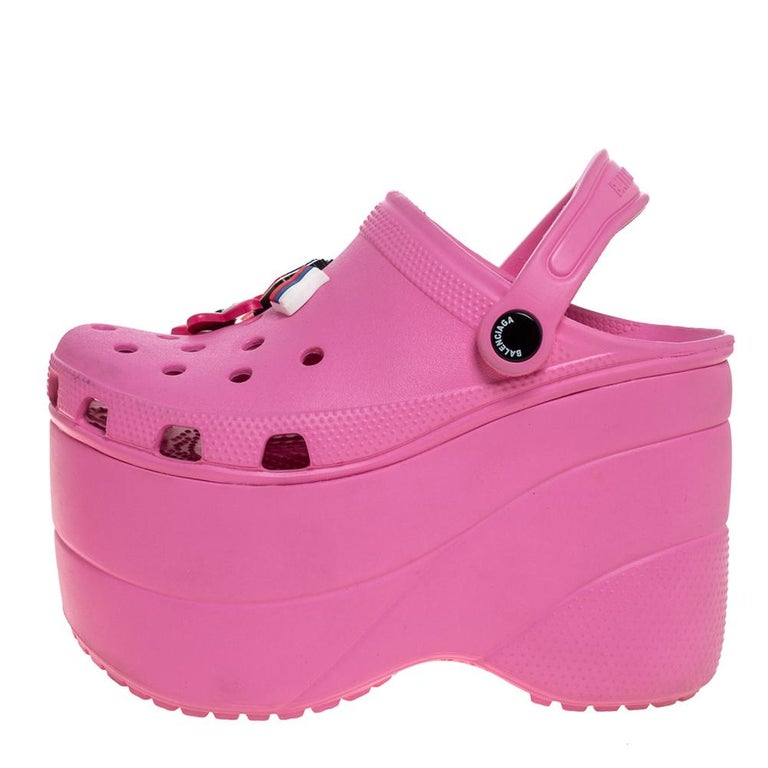 Balenciaga Pink Rubber Crocs Embellished Platform Slingback Sandals Size 35  For Sale at 1stDibs