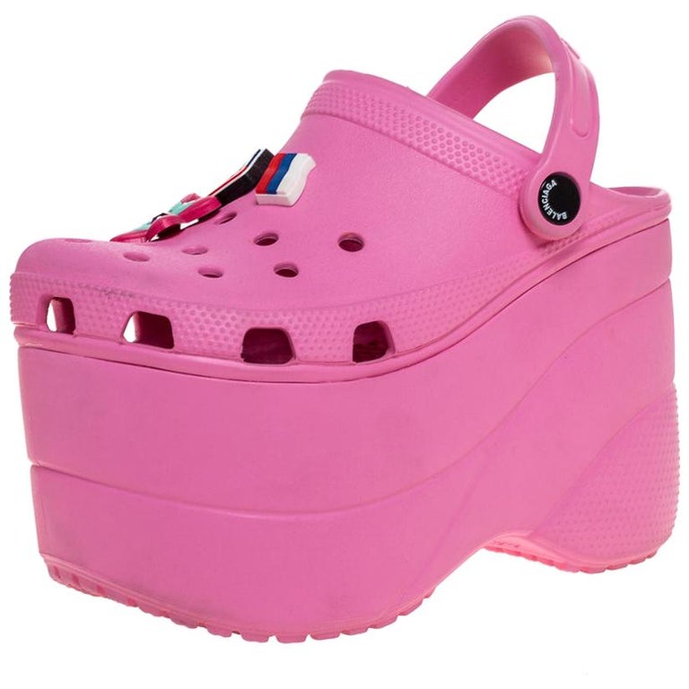 Balenciaga Pink Rubber Crocs Embellished Platform Slingback Sandals ...