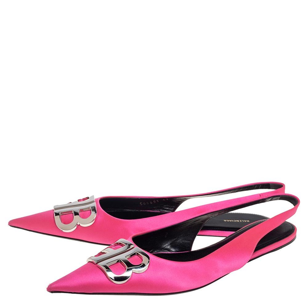Women's Balenciaga Pink Satin BB Logo Embellished Slingback Pointed Toe Flats Size 41