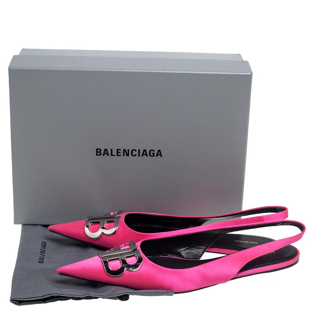 Balenciaga Pink Satin BB Logo Embellished Slingback Pointed Toe Flats Size 41 1