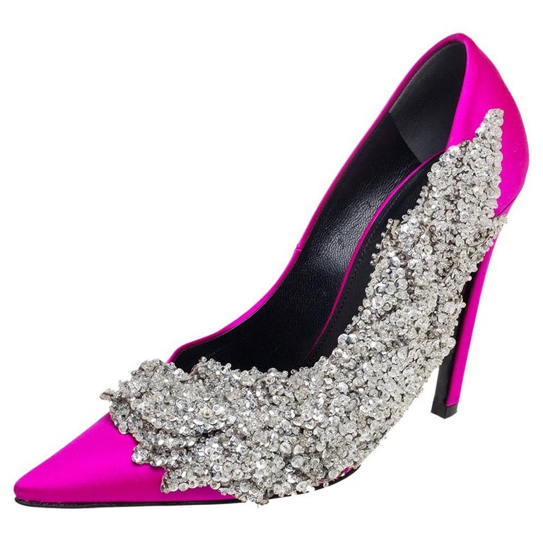 Balenciaga Pink Satin Crystal Embellished Pumps Size 38 For Sale at 1stDibs  | balenciaga rhinestone shoes