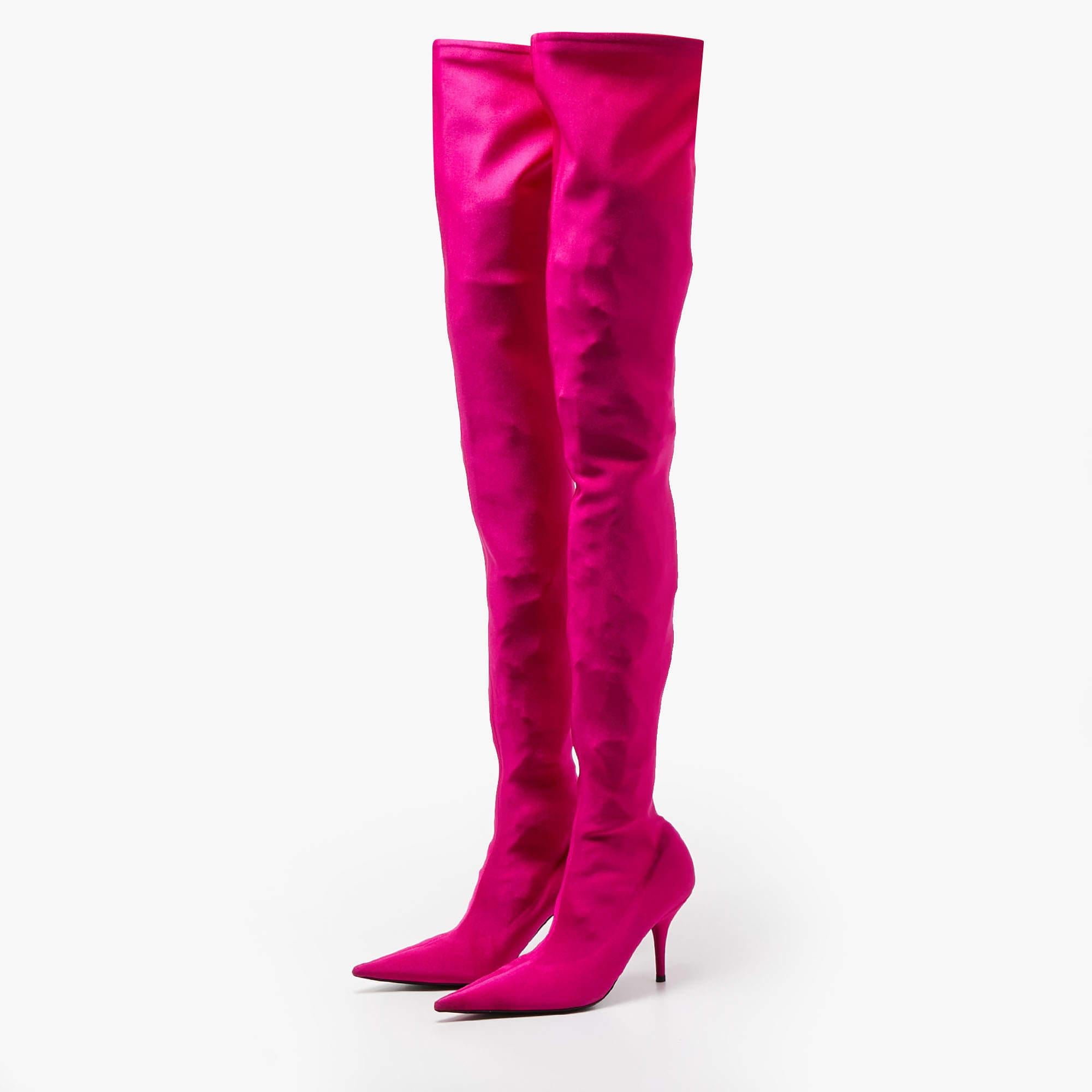 Balenciaga Pink Satin Knife Knee Length Boots Size 38 In Fair Condition For Sale In Dubai, Al Qouz 2