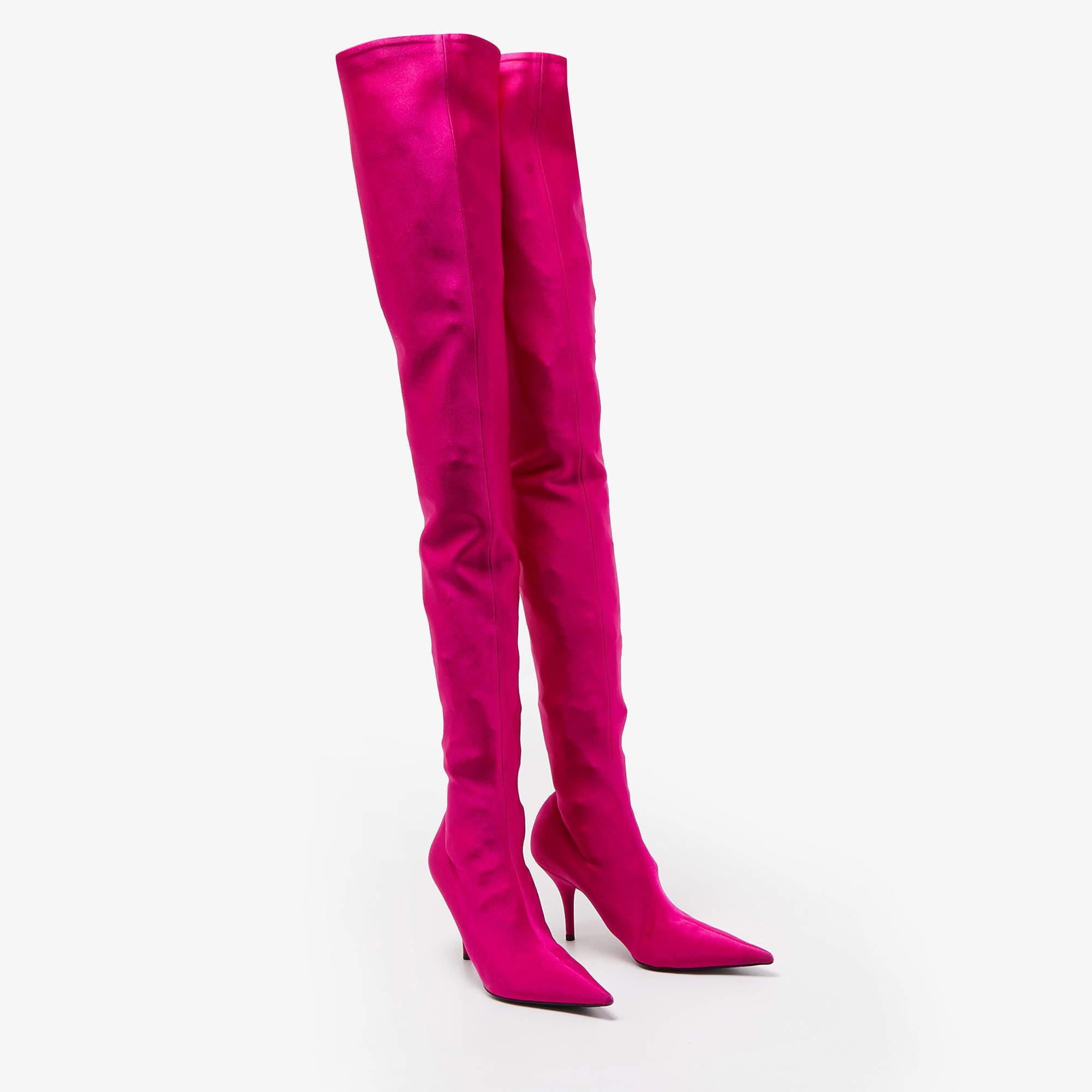 Balenciaga Pink Satin Knife Knee Length Boots Size 38 For Sale 1