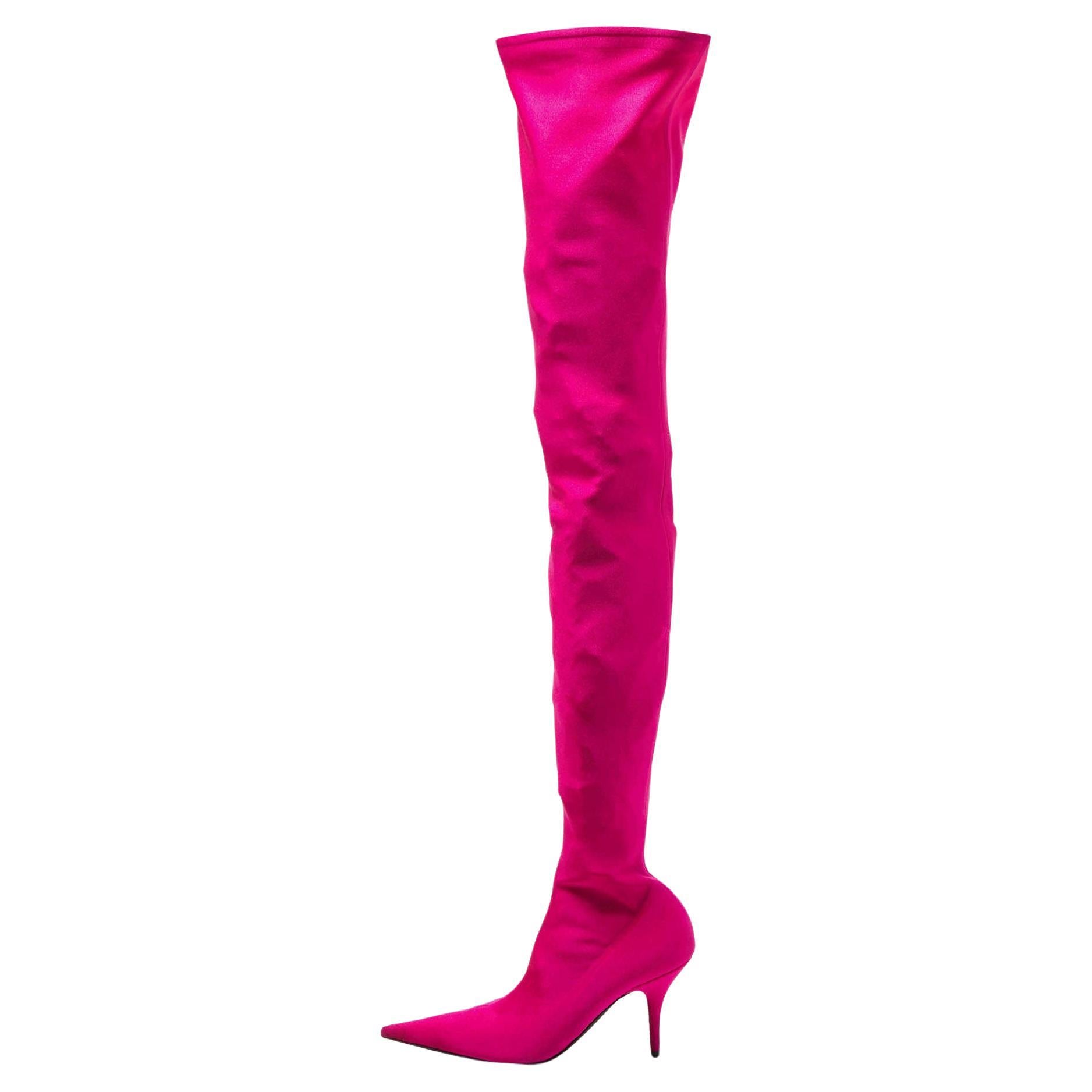 Balenciaga Pink Satin Knife Knee Length Boots Size 38 For Sale