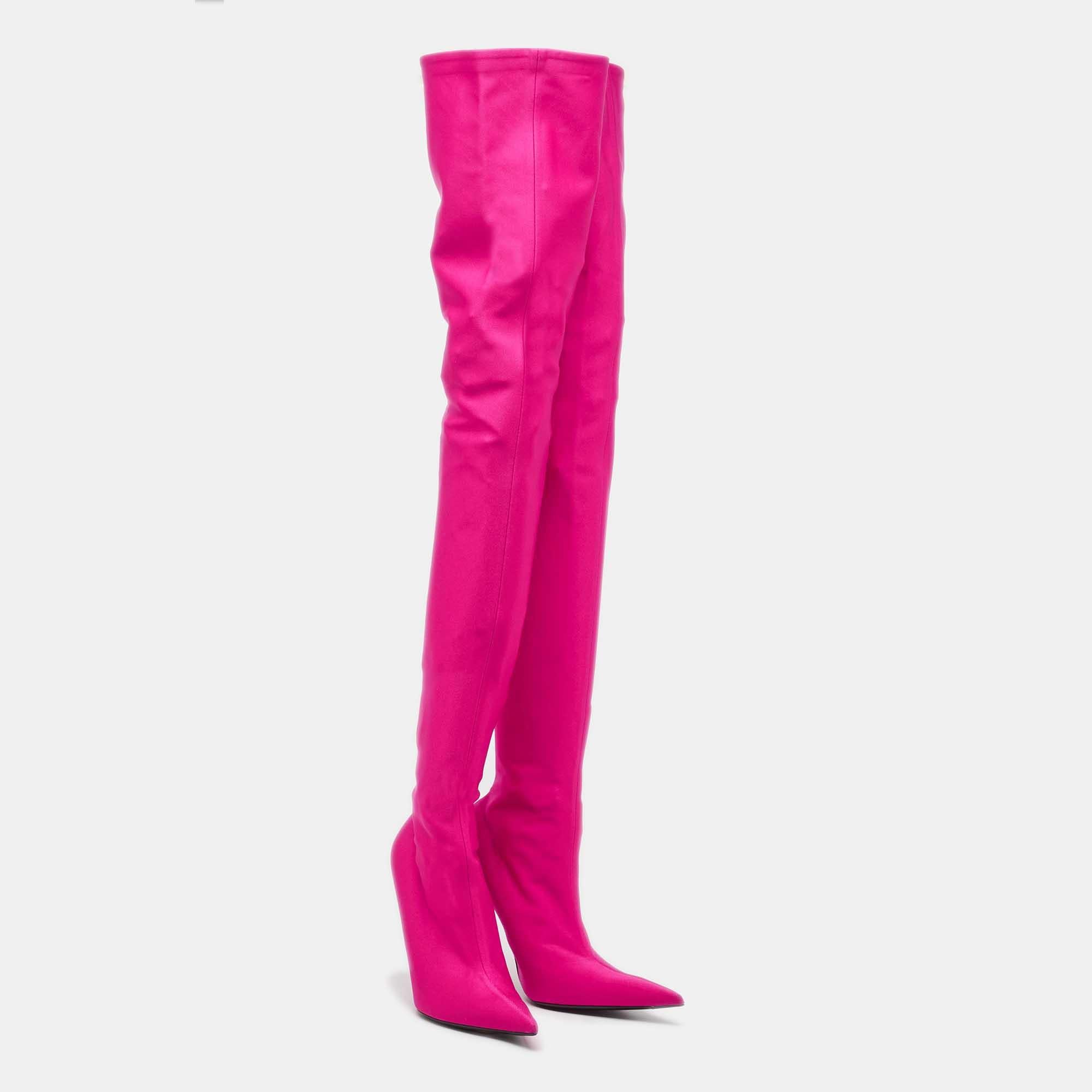 Balenciaga Overknee-Stiefel aus rosa Satin mit Messer Größe 37 im Angebot 4