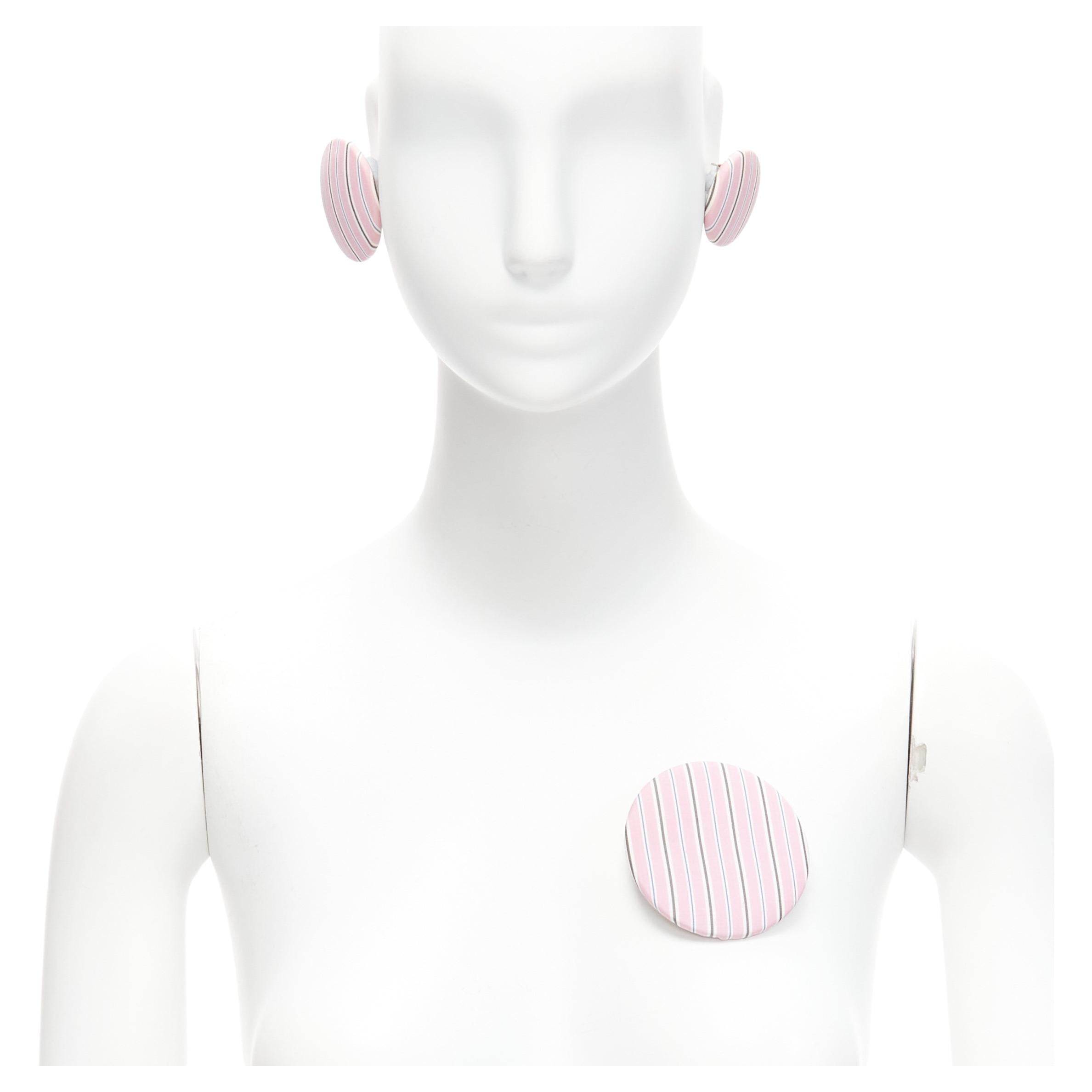 BALENCIAGA pink stripes fabric round badges studs earrings Set 3