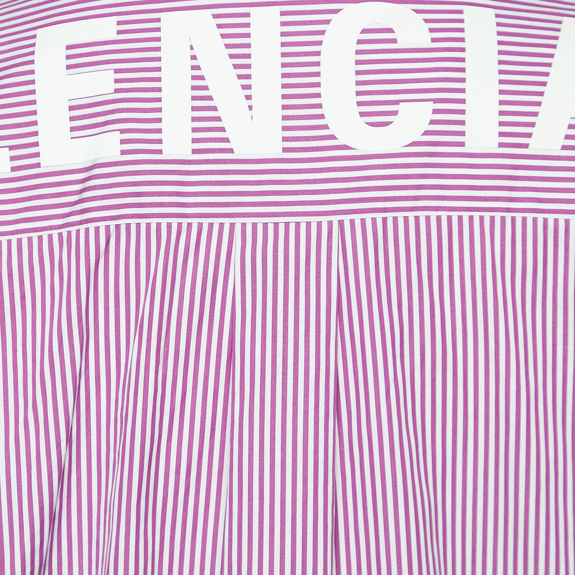Balenciaga Pink/White Striped Logo Print Cotton Oversized Shirt S In Good Condition For Sale In Dubai, Al Qouz 2
