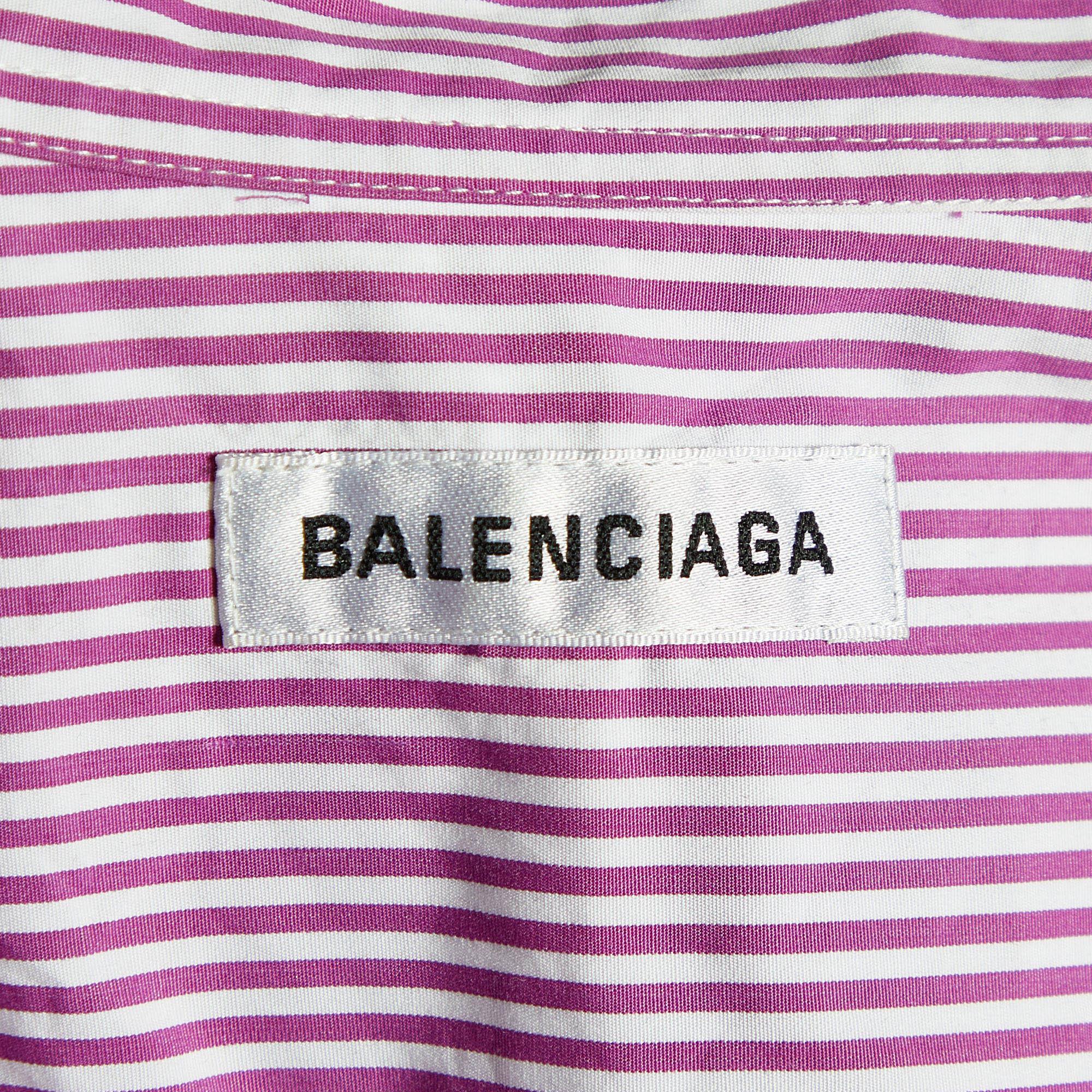 Balenciaga Pink/White Striped Logo Print Cotton Oversized Shirt S For Sale 2