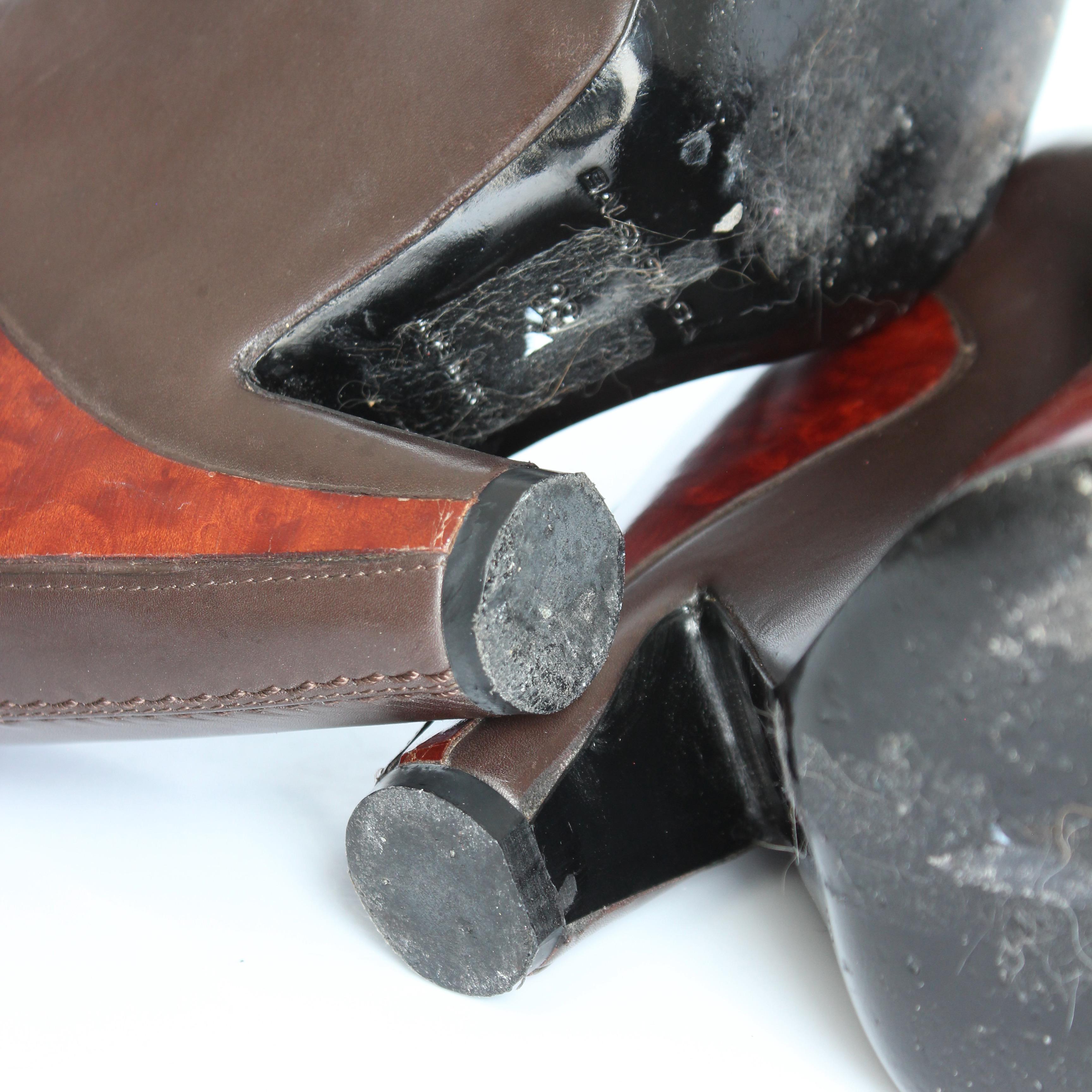 Balenciaga Platforms Mary Janes Brown Leather Polished Wood Sz 8 F/W 2006 HTF For Sale 6