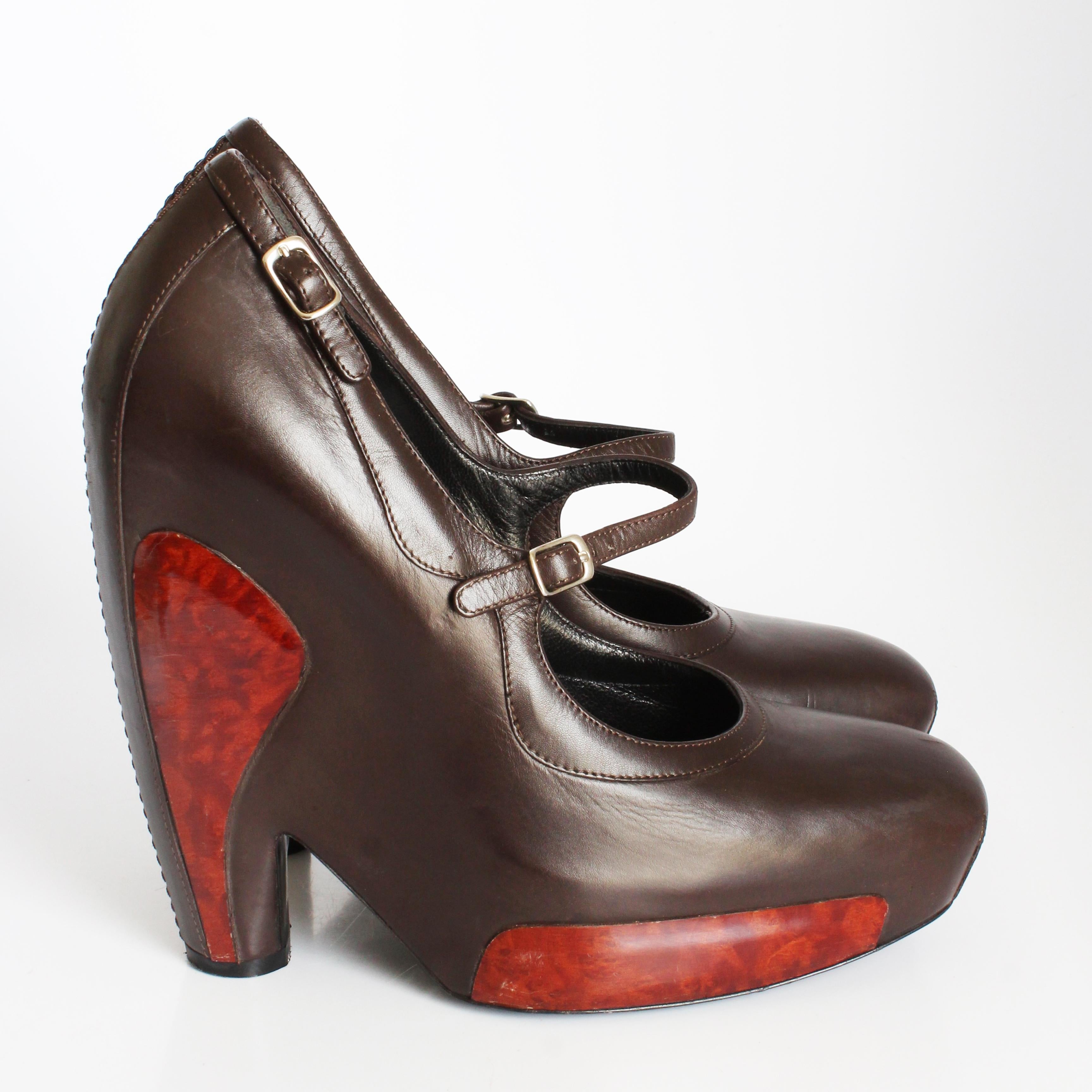 Black Balenciaga Platforms Mary Janes Brown Leather Polished Wood Sz 8 F/W 2006 HTF For Sale