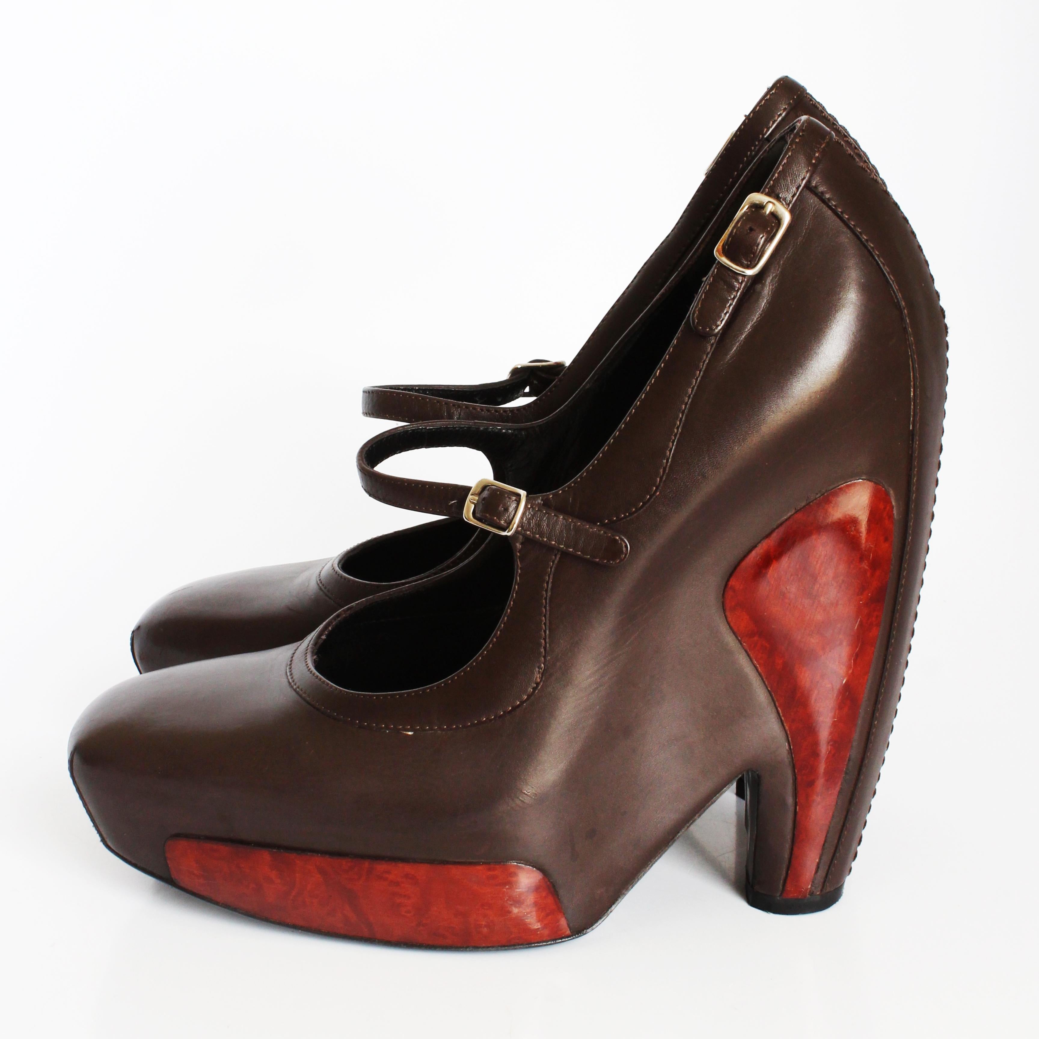 Women's Balenciaga Platforms Mary Janes Brown Leather Polished Wood Sz 8 F/W 2006 HTF For Sale